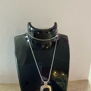 Vintage Silver and Gold Pendant Necklace with Black Stone